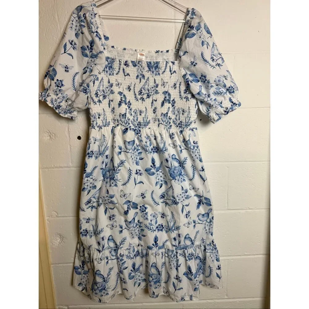 Gymboree Blue White Toile Floral Bird Dress Girls XL 100% Cotton Cottagecore Puf